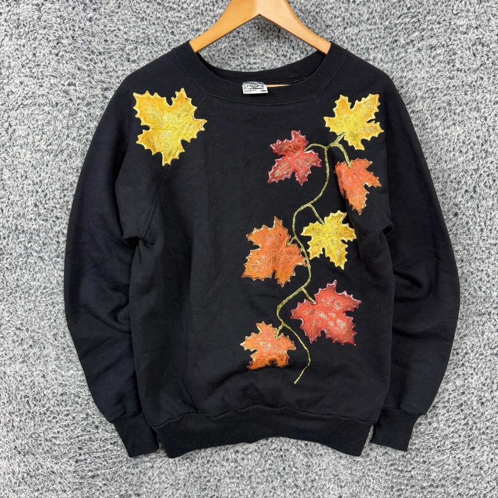 Vintage 80s Fall Leaves Sweatshirt Adult Large Glitter Handmade Pannill USA 90s
